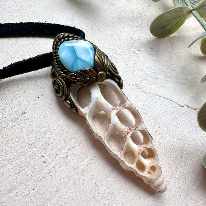 Handmade gemstone necklace with natural Seashell Slice and Larimar