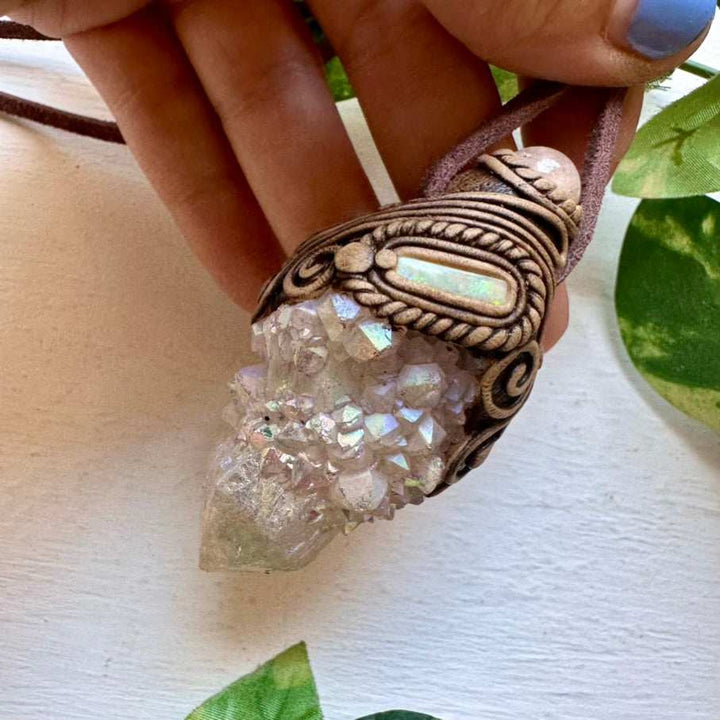 Angel Aura Spirit Quartz Morganite and Australian Opal Pendant Necklace - FairyGardenGlow