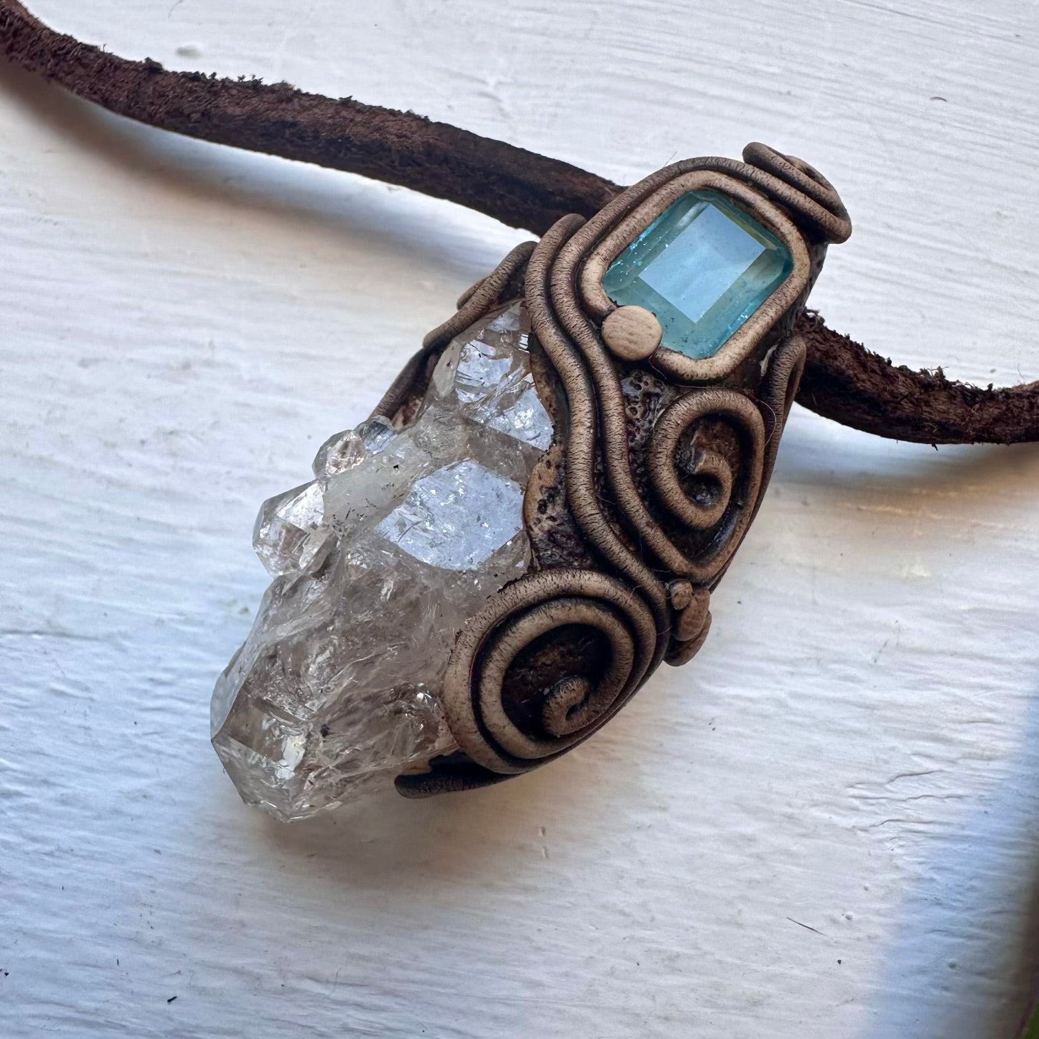 Herkimer Diamond Quartz and Blue Topaz Pendant Necklace - FairyGardenGlow