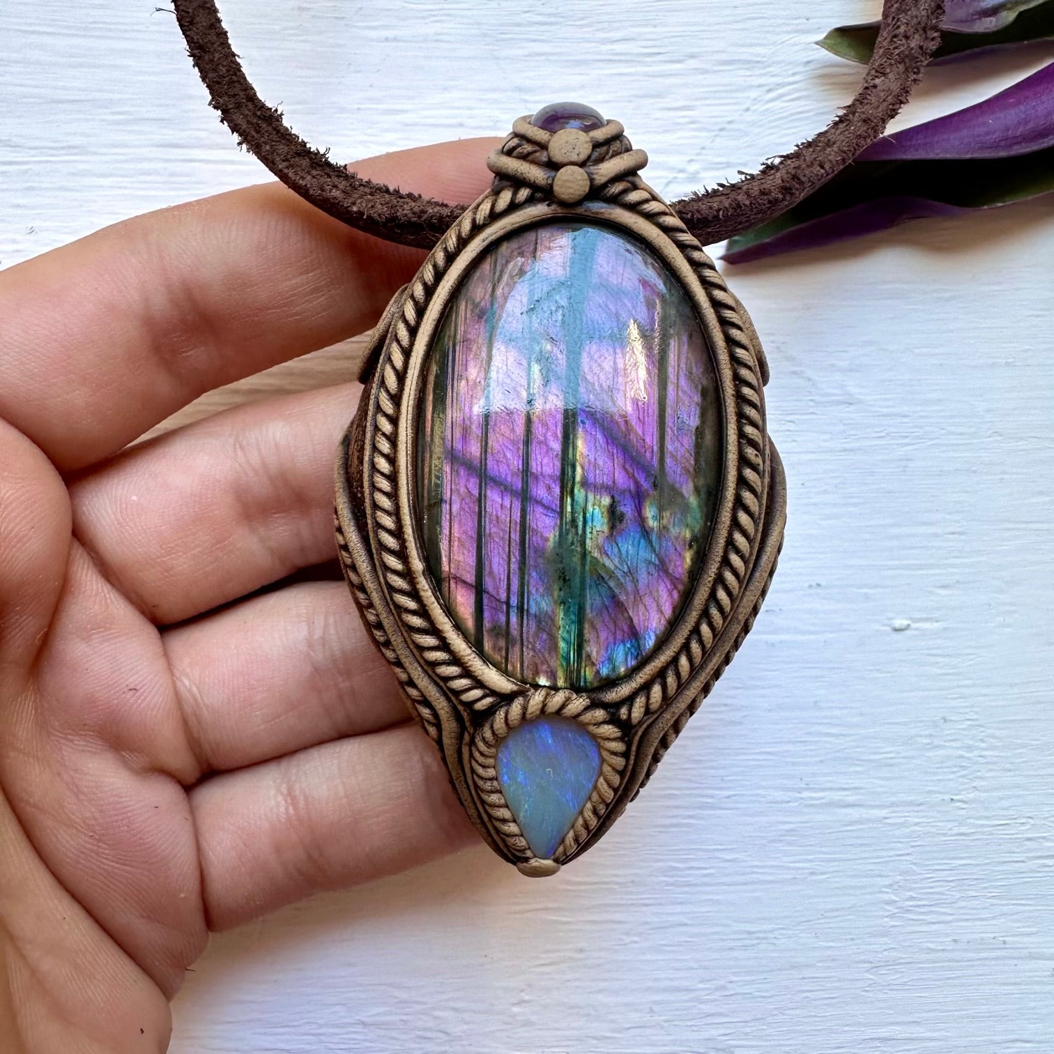 Purple Labradorite Amethyst and Australian Opal Necklace - FairyGardenGlow