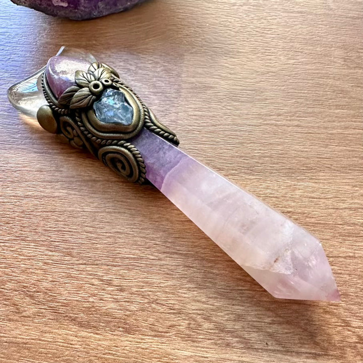 Lavender Fluorite Wand, Clear Quartz Moon, Lepidolite and Celestite Handmade Crystal Wand - FairyGardenGlow