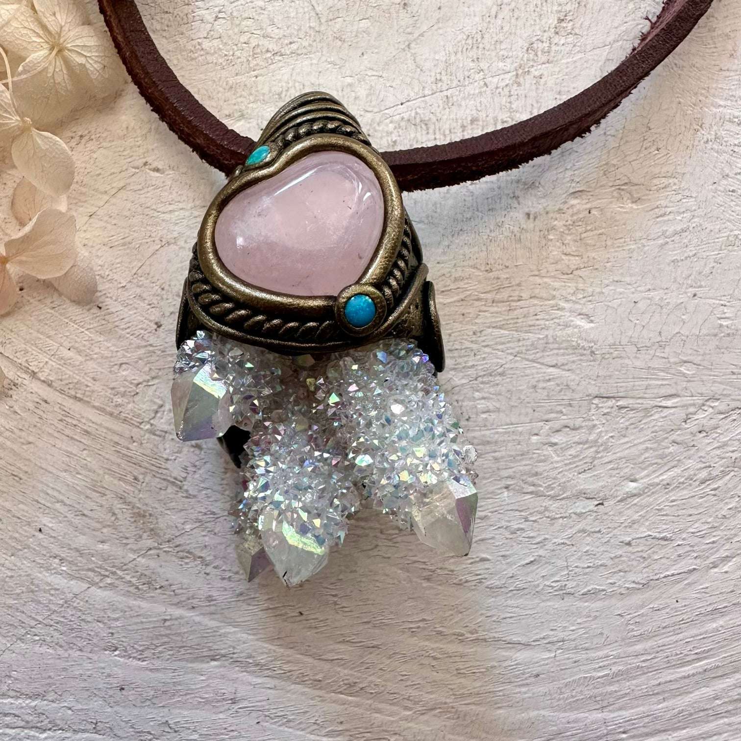 Angel Aura Spirit Quartz Cluster Rose Quartz and Australian Opal Necklace - FairyGardenGlow