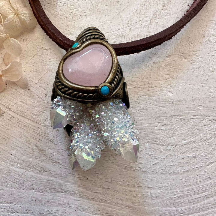 Angel Aura Spirit Quartz Cluster Rose Quartz and Australian Opal Necklace - FairyGardenGlow