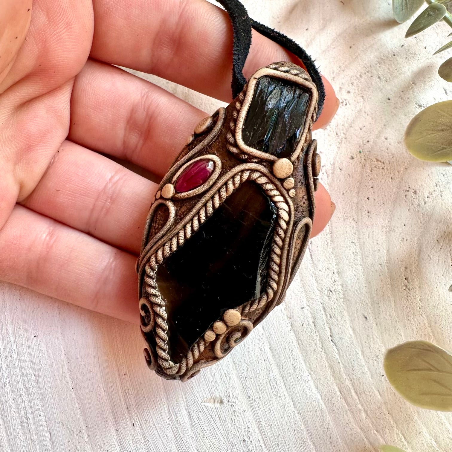Raw gemstone pendant with Black Obsidian, Vivianite and Rhodolite Garnet handmade