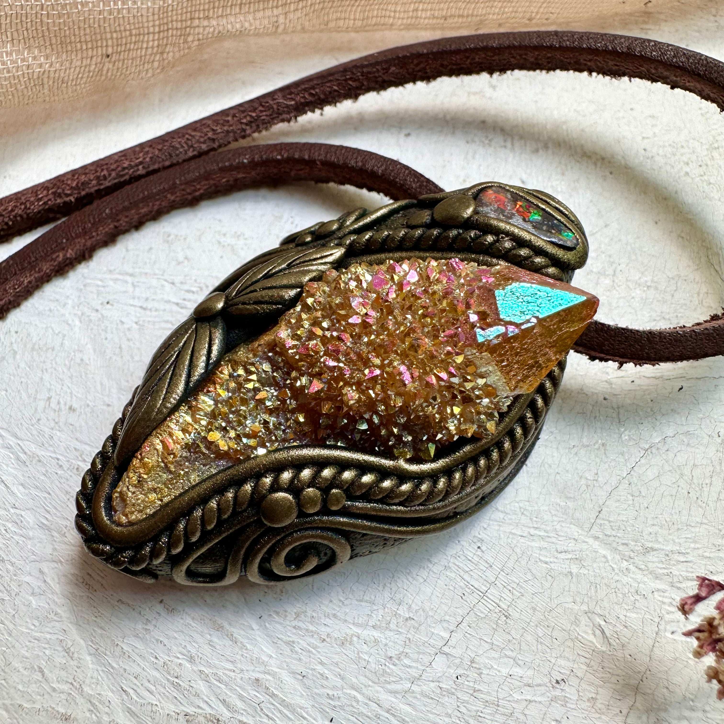 Sunset Aura Spirit Quartz and Boulder Opal Necklace - FairyGardenGlow