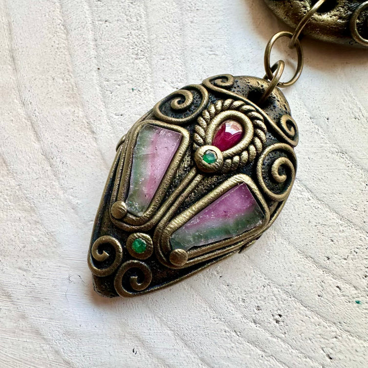 Statement healing crystal necklace featuring Labradorite, Emerald and Rhodolite Garnet.