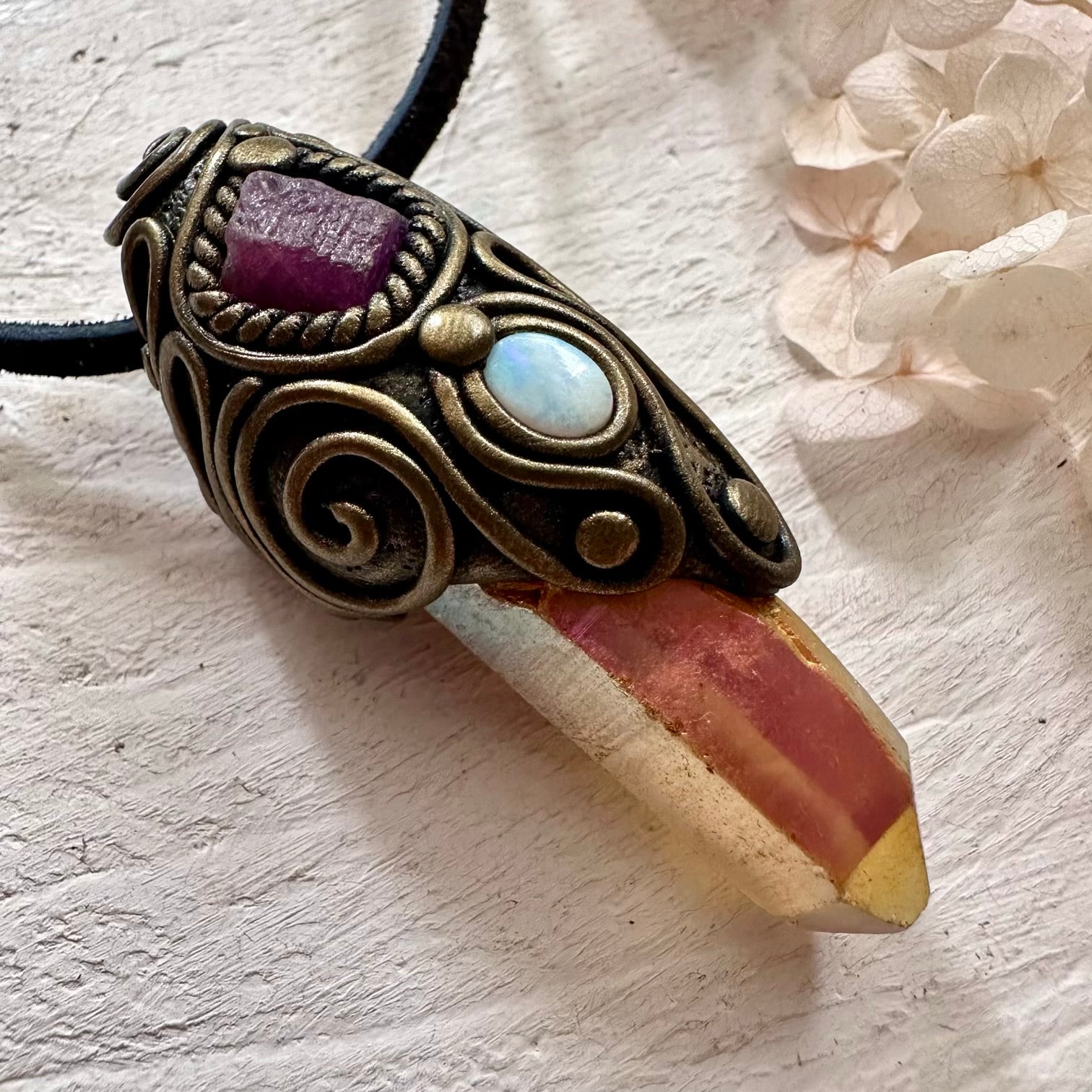 Sunset Aura Quartz Ruby and Australian Opal Necklace - FairyGardenGlow