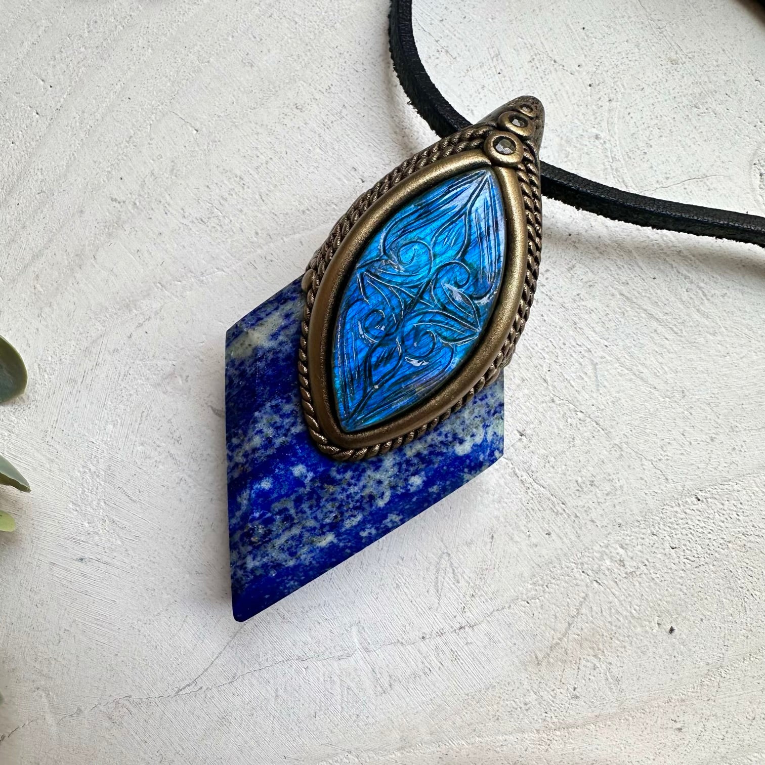 Lapis Lazuli Blue Curved Labradorite and Blue Sapphire Wand / Pendant Necklace