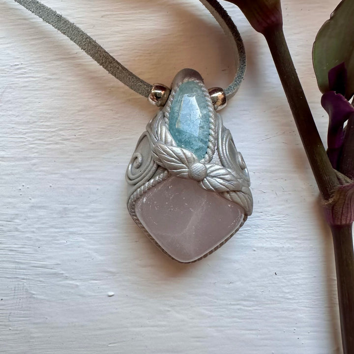 Mango Calcite and Aquamarine Pendant Necklace - FairyGardenGlow