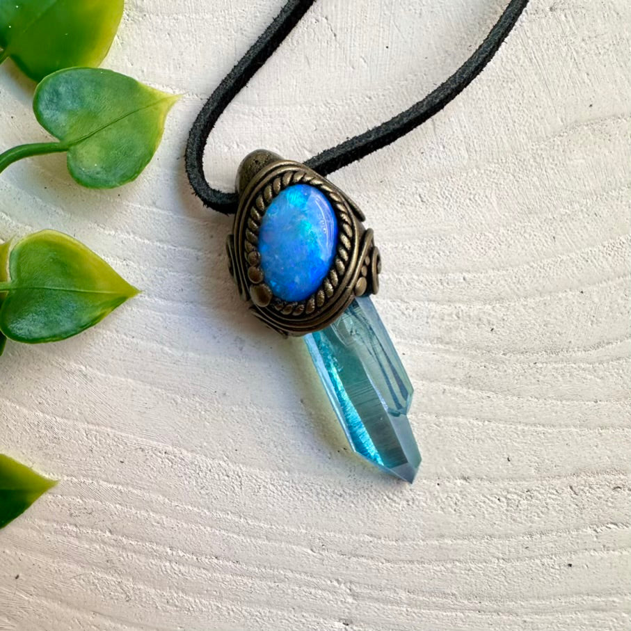Aqua Aura Quartz crystal pendant paired with natural Australian Opal