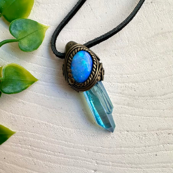 Aqua Aura Quartz crystal pendant paired with natural Australian Opal