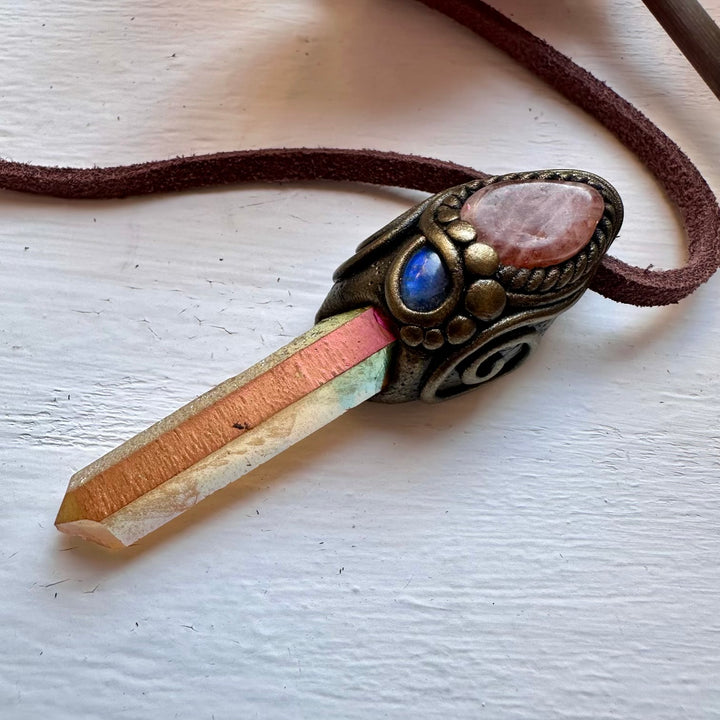 Sunset Aura Quartz Sunstone and Moonstone Pendant Necklace - FairyGardenGlow