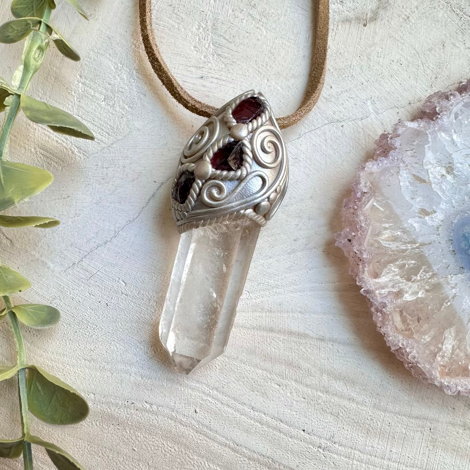 Clear Quartz and Raw Red Garnet Necklace, Protection Crystal Necklace