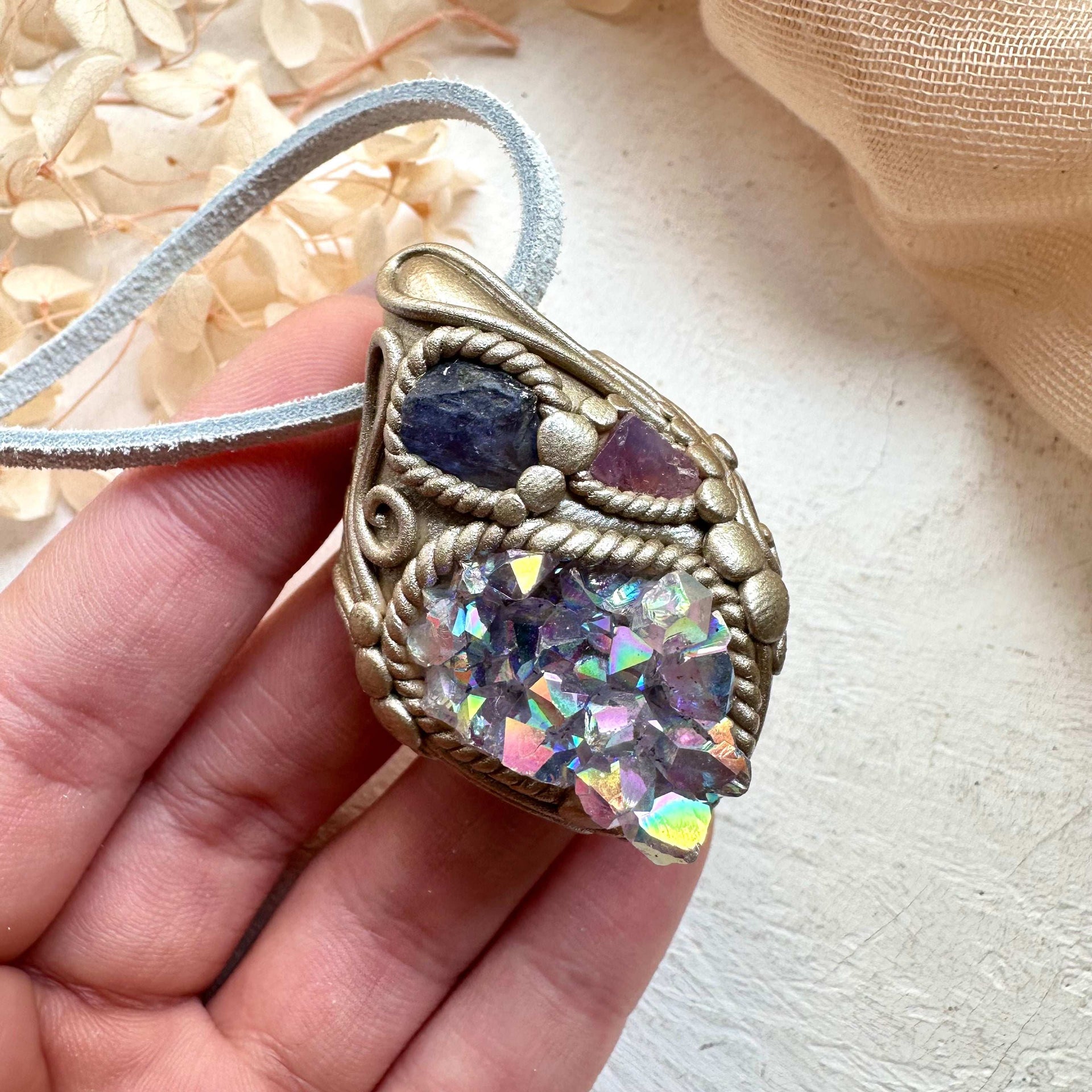 Angel Aura Amethyst Tanzanite and Spinel Pendant - FairyGardenGlow