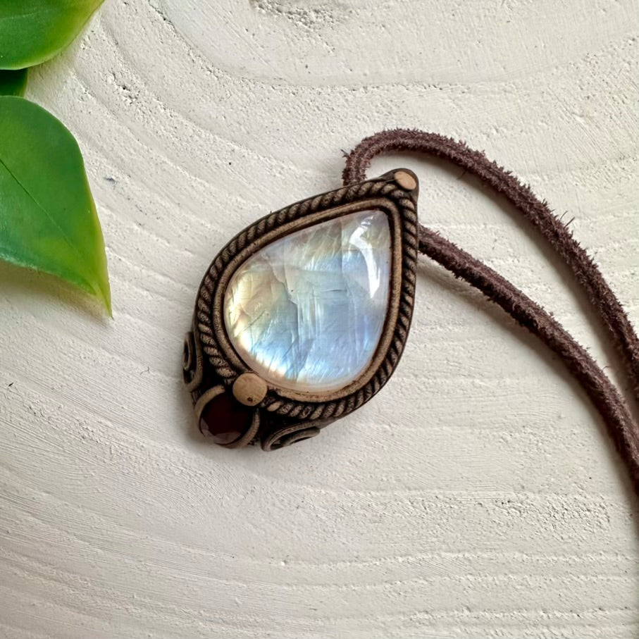 Rainbow Moonstone and Red Garnet Necklace