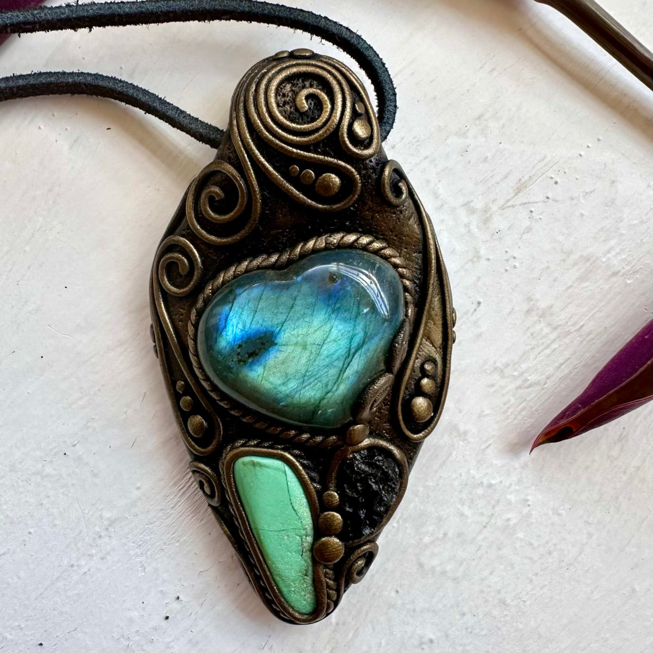 Labradorite Heart Chrysoprase and Moldavite Necklace - FairyGardenGlow