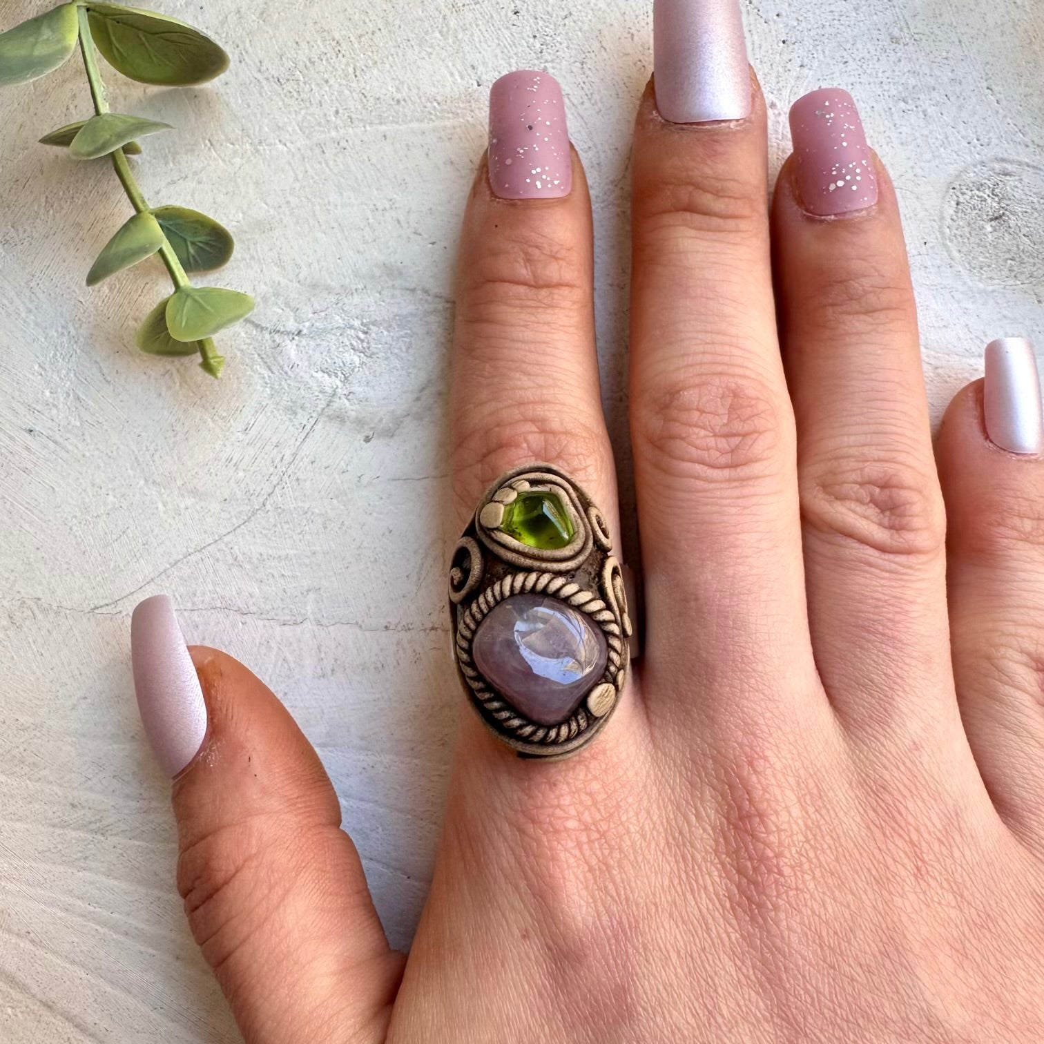 Lavender Quartz and Peridot Ring