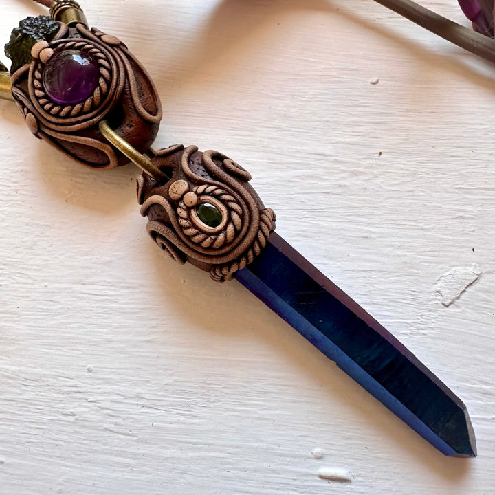 Cobalt Aura Quartz Necklace, Moldavite Amethyst and Emerald Crystal Necklace - FairyGardenGlow