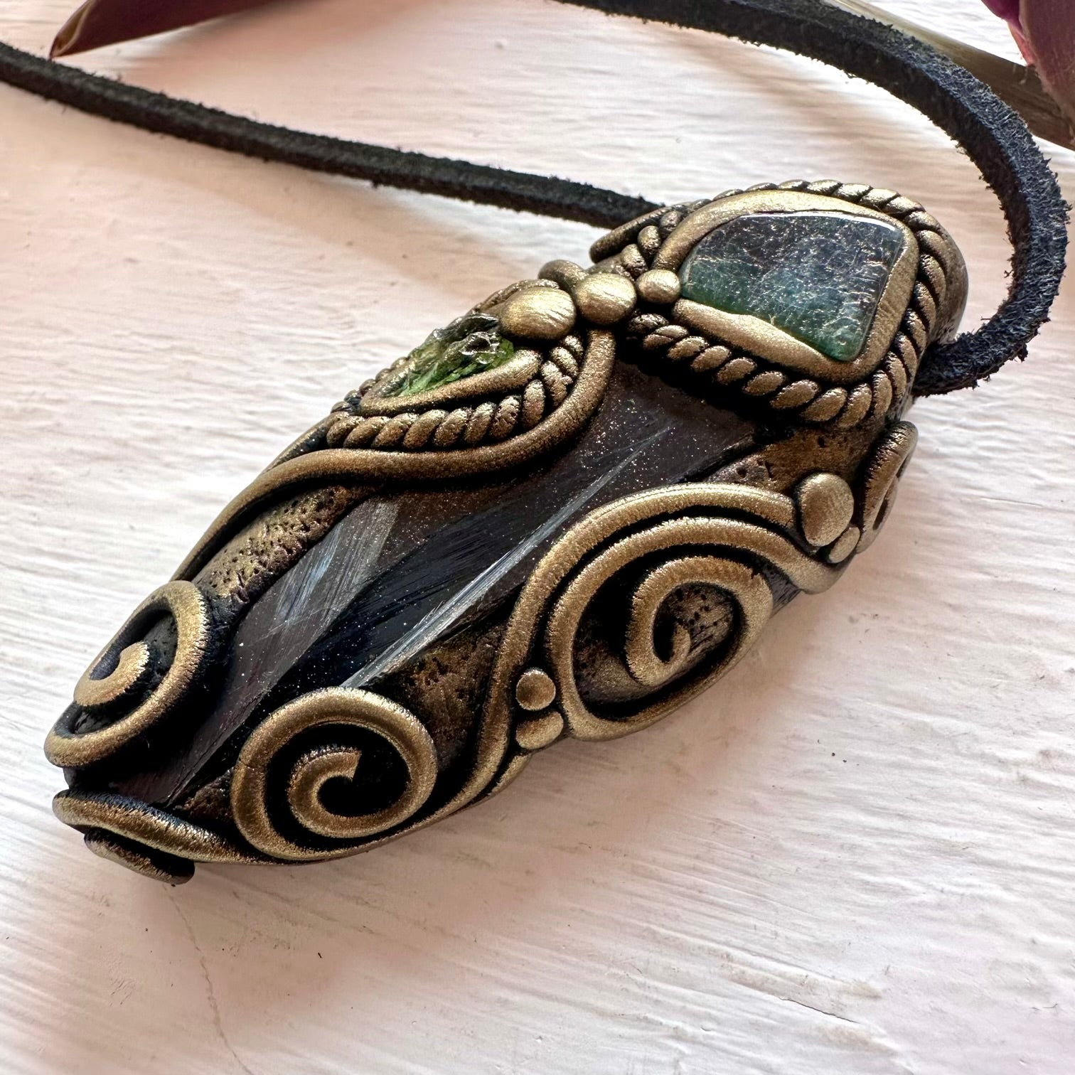 Vivianite Blue-Green Tourmaline and Moldavite Pendant Necklace - FairyGardenGlow