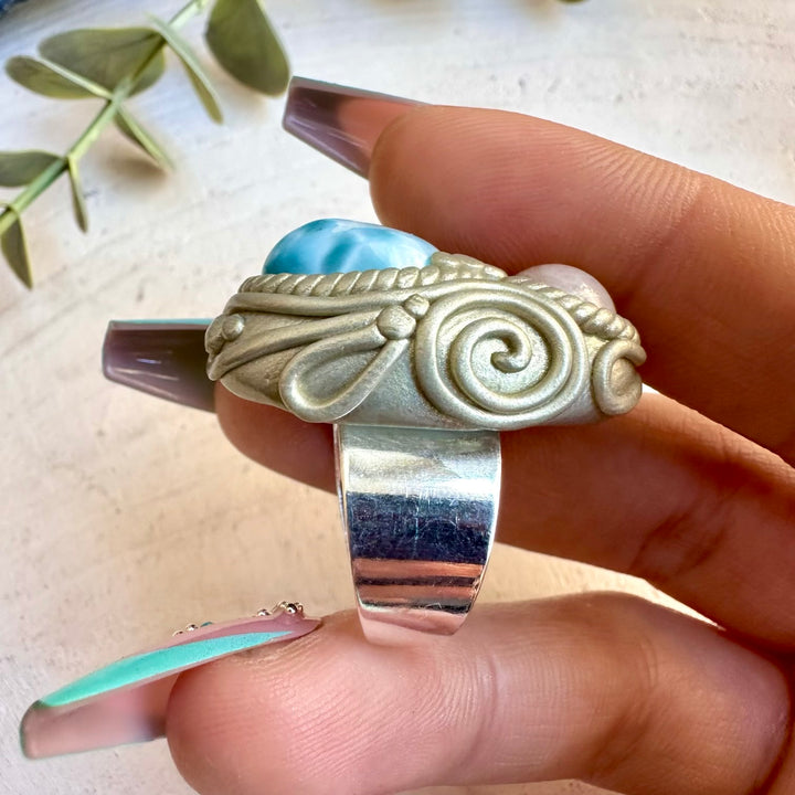 One of a kind larimar and morganite gemstone ring