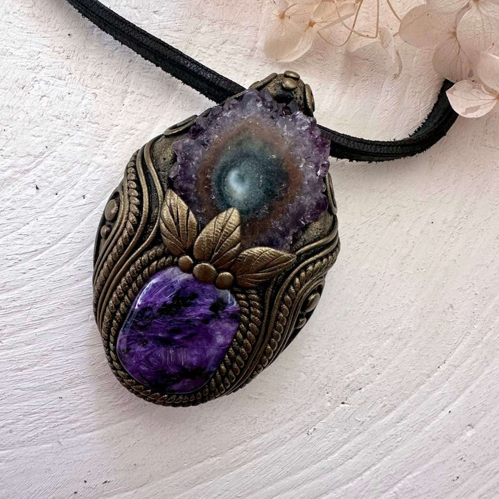 Charoite and Amethyst Stalactite Necklace - FairyGardenGlow