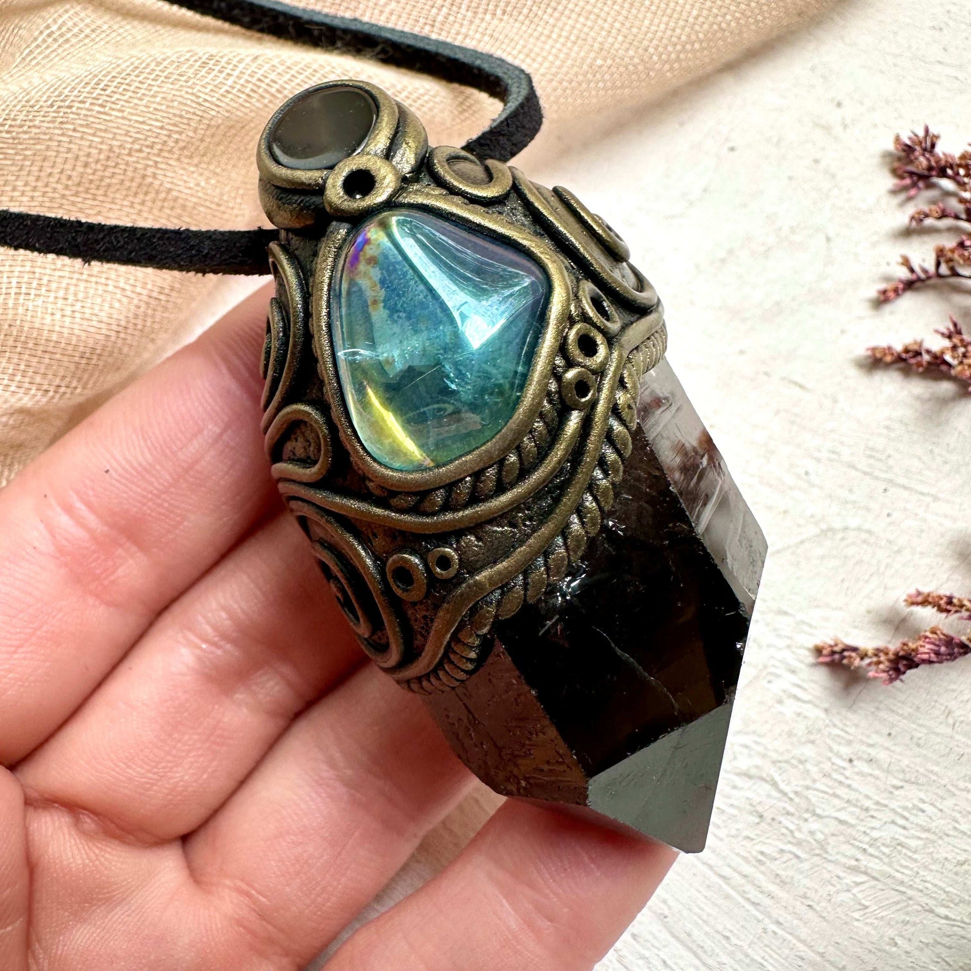 Smoky Quartz Aqua Aura Quartz and Black Onyx Necklace - FairyGardenGlow
