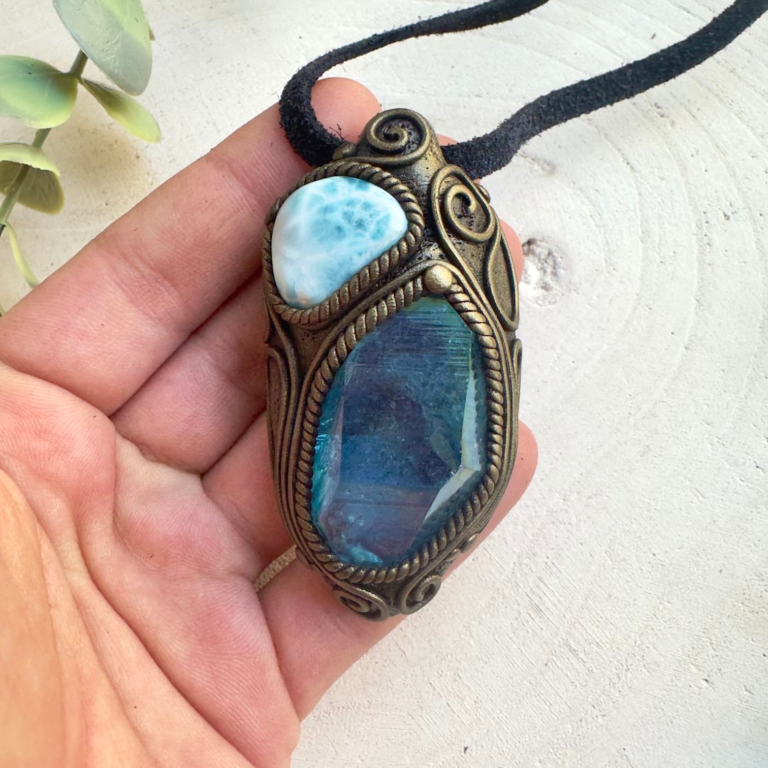 Handmade unisex spiritual jewelry with Larimar ocean blue gemstone