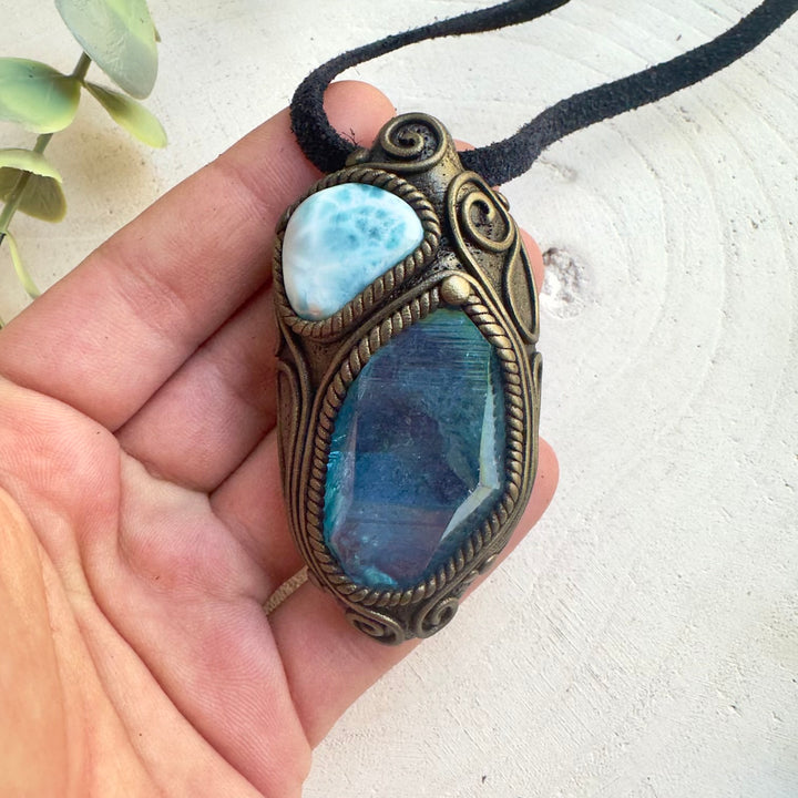 Handmade unisex spiritual jewelry with Larimar ocean blue gemstone