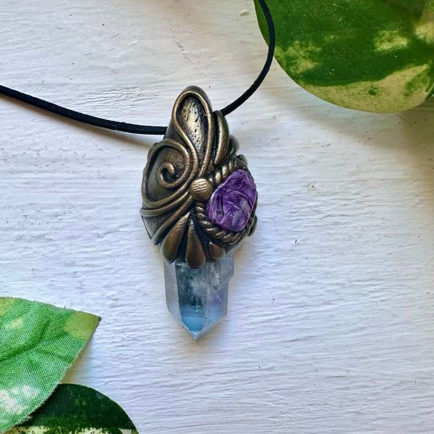 Aqua Aura Quartz and Charoite Necklace - FairyGardenGlow