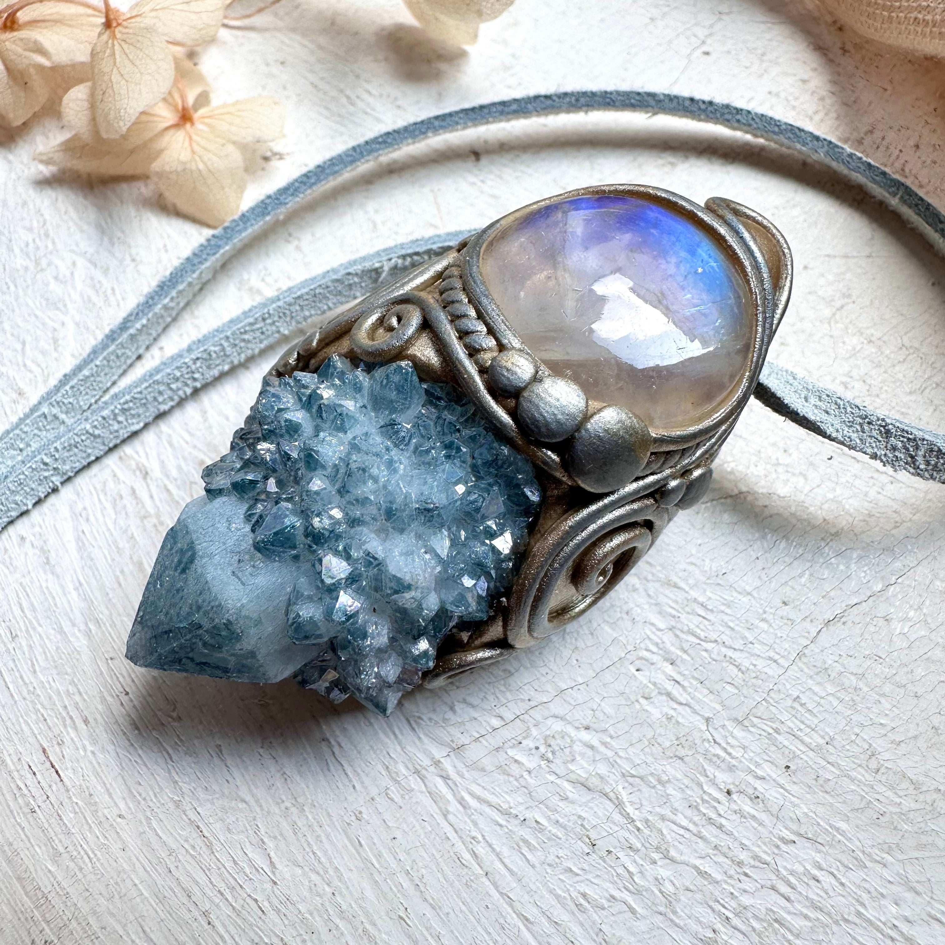 Aqua Aura Spirit Quartz and Moonstone Necklace - FairyGardenGlow