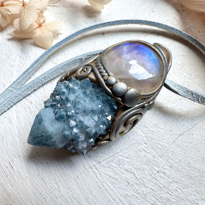 Aqua Aura Spirit Quartz and Moonstone Necklace - FairyGardenGlow