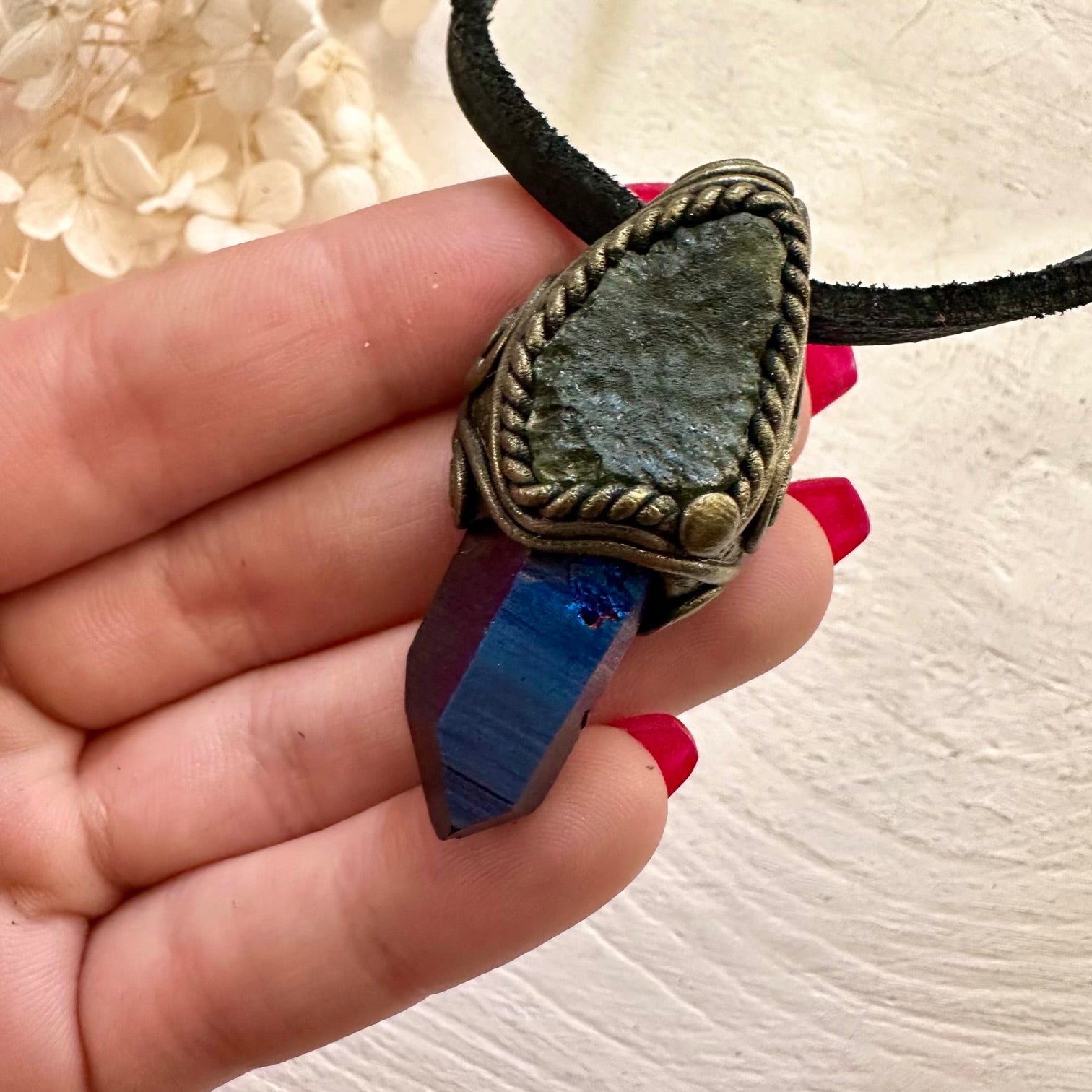 Raw Moldavite and Cobalt Aura Quartz Pendant Necklace - FairyGardenGlow