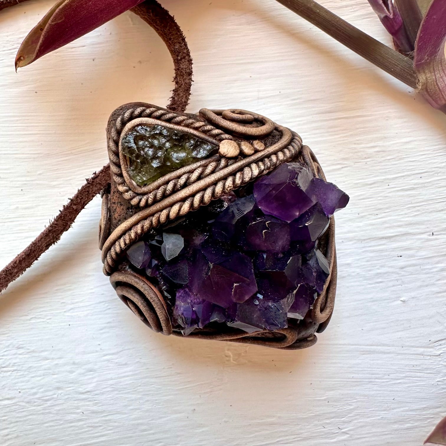Amethyst Cluster and Moldavite Pendant Necklace - FairyGardenGlow