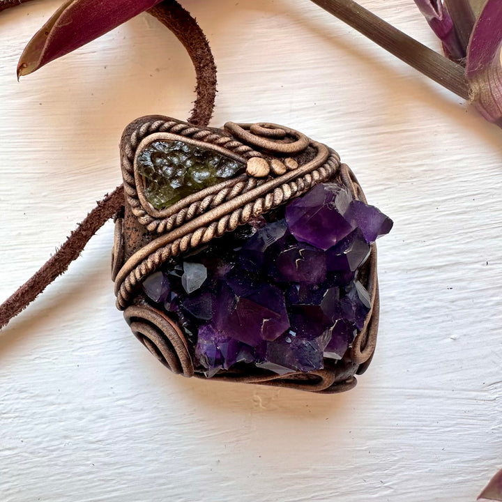 Amethyst Cluster and Moldavite Pendant Necklace - FairyGardenGlow