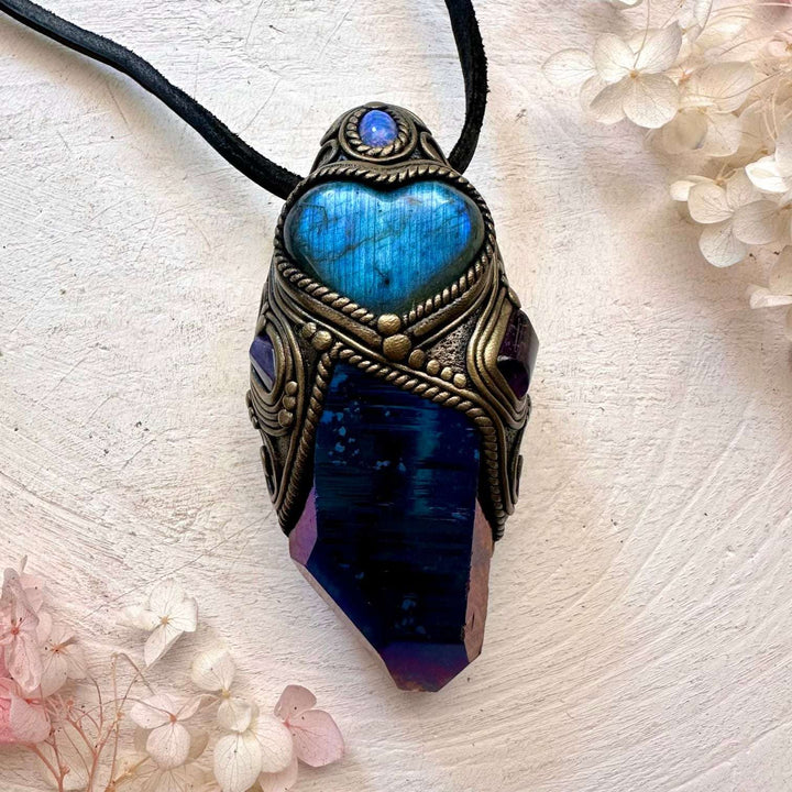 Cobalt Aura Quartz, Blue Labradorite Heart, Tanzanite, Amethyst and Australian Opal Crystal Wand / Unique Crystal Pendant - FairyGardenGlow