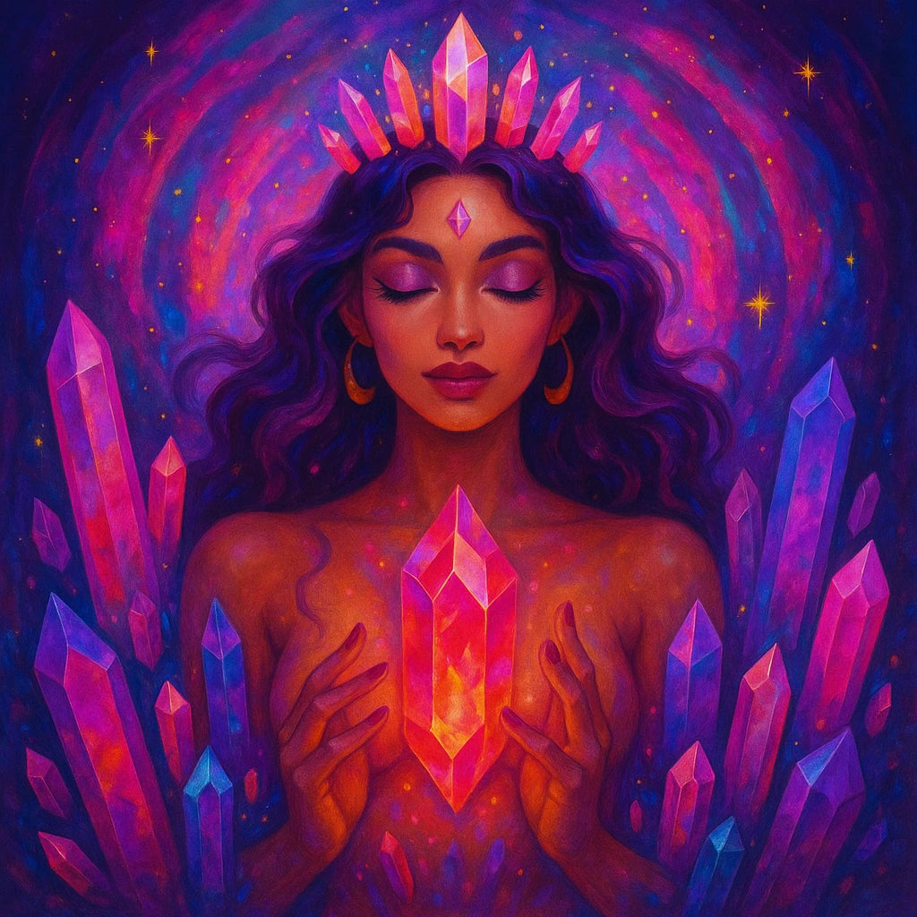 Woman with crystals and a glowing gemstone in a mystical setting
