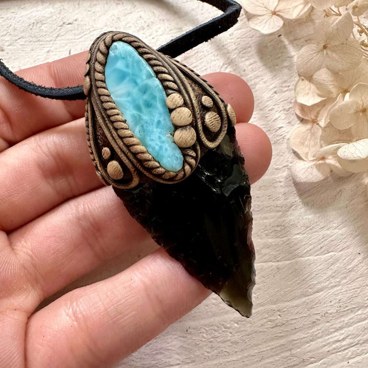 Black Obsidian Arrowhead and Larimar Necklace - FairyGardenGlow