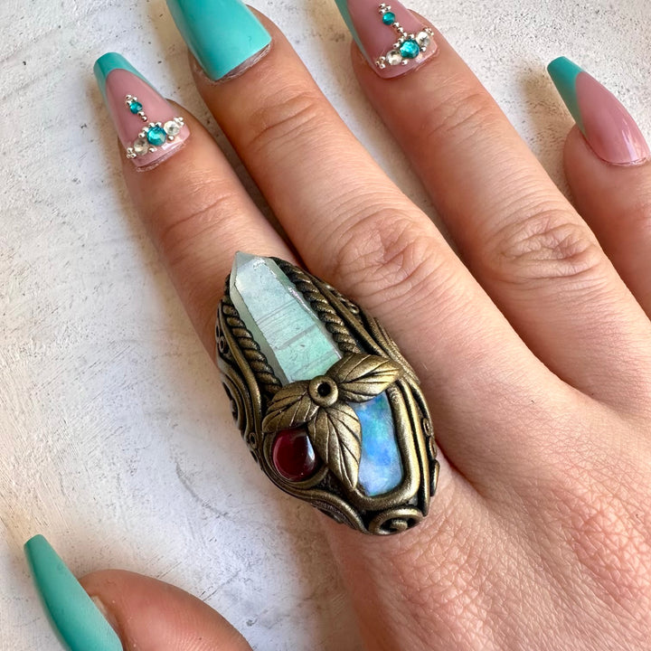 Natural gemstone ring with Ethiopian opal and aura quartz