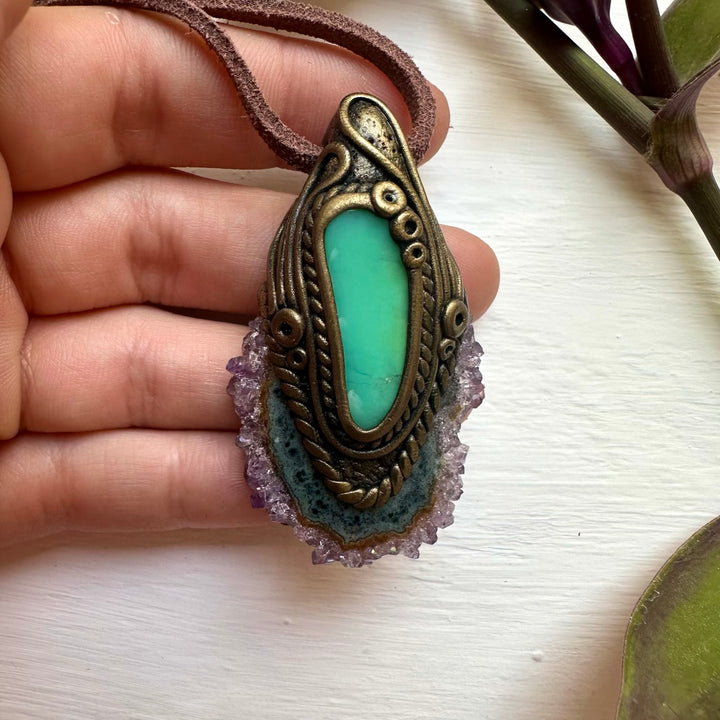 Amethyst Stalactite and Chrysoprase Pendant Necklace - FairyGardenGlow