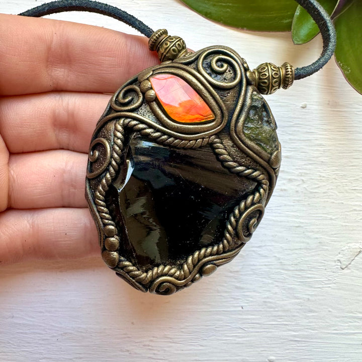 Black Obsidian Ammolite and Moldavite Necklace - FairyGardenGlow