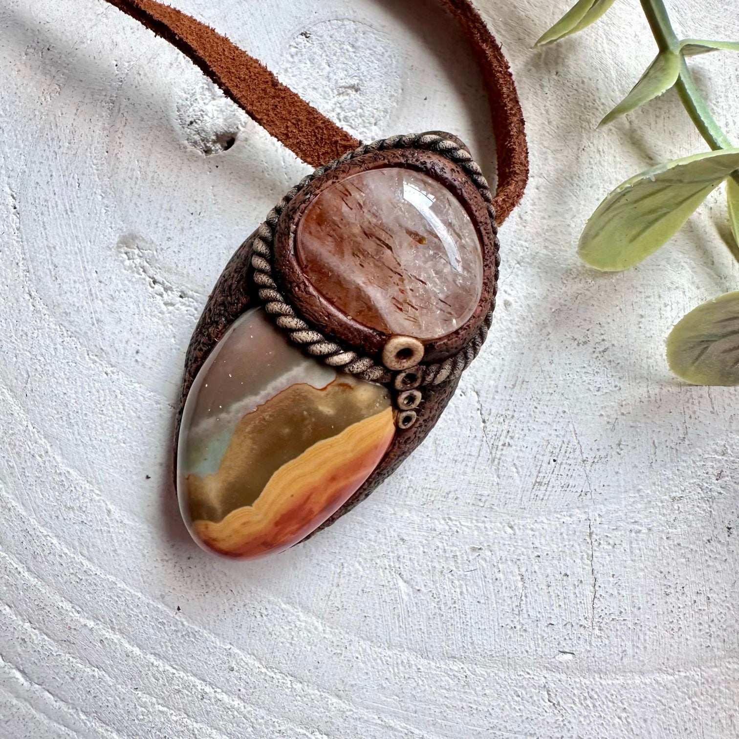 Boho crystal necklace featuring Polychrome Jasper and Hematite Quartz handmade jewelry.