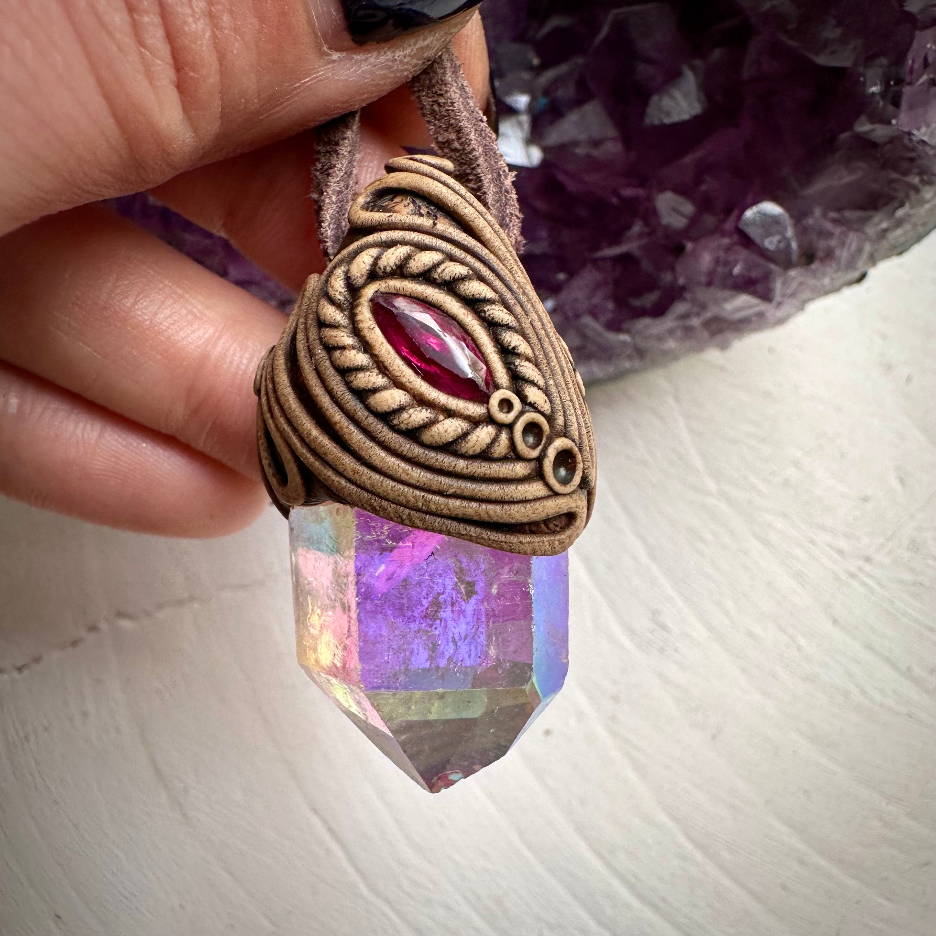 Angel Aura Quartz and Ruby Necklace - FairyGardenGlow