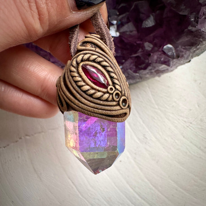 Angel Aura Quartz and Ruby Necklace - FairyGardenGlow