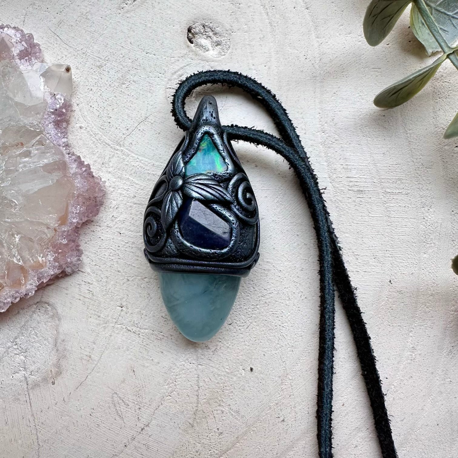 Aquamarine Tanzanite and Raw Ethiopian Opal Handmade Protection Necklace