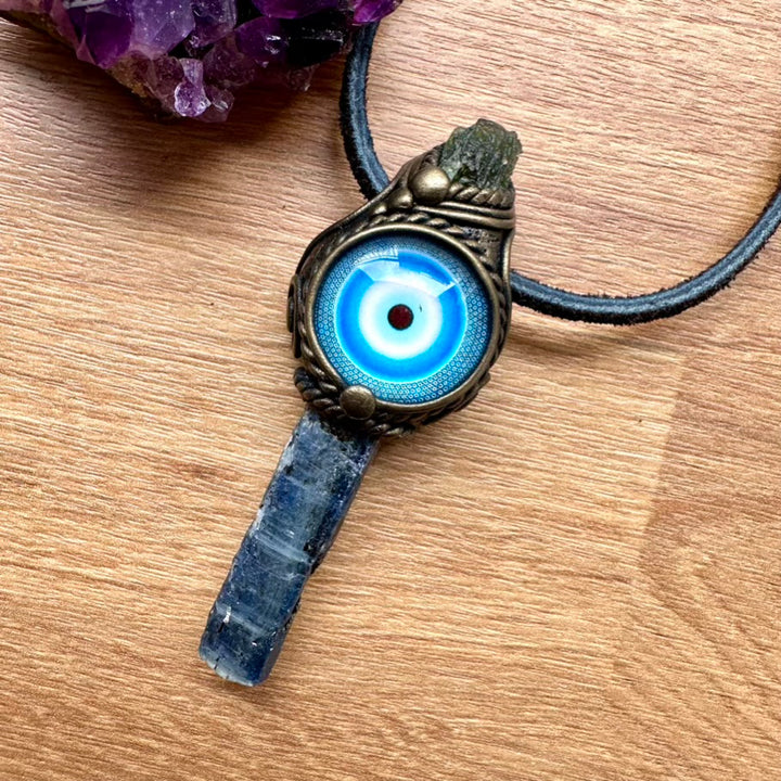 Blue Kyanite and Moldavite Evil Eye Protection Amulet, Handmade Crystal Necklace - FairyGardenGlow