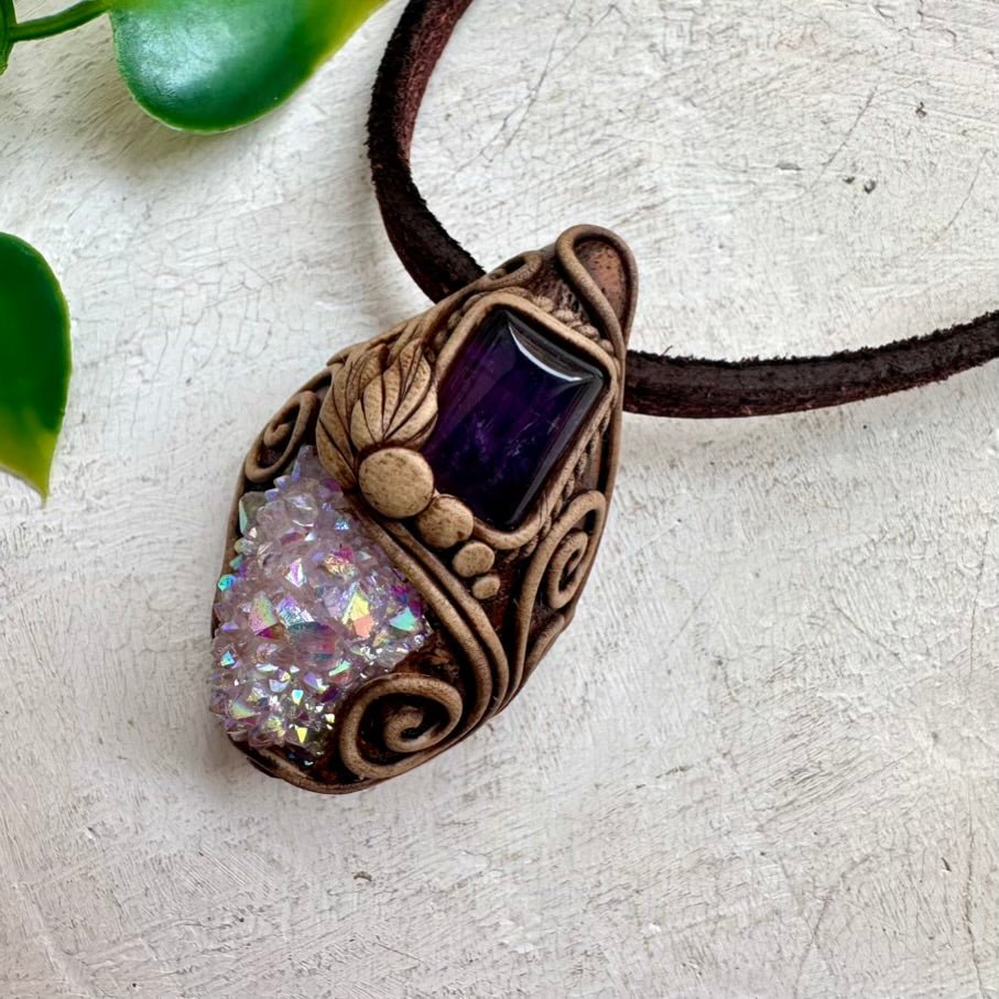 Angel Aura Spirit Quartz and Amethyst Necklace, Spiritual Jewelry - FairyGardenGlow