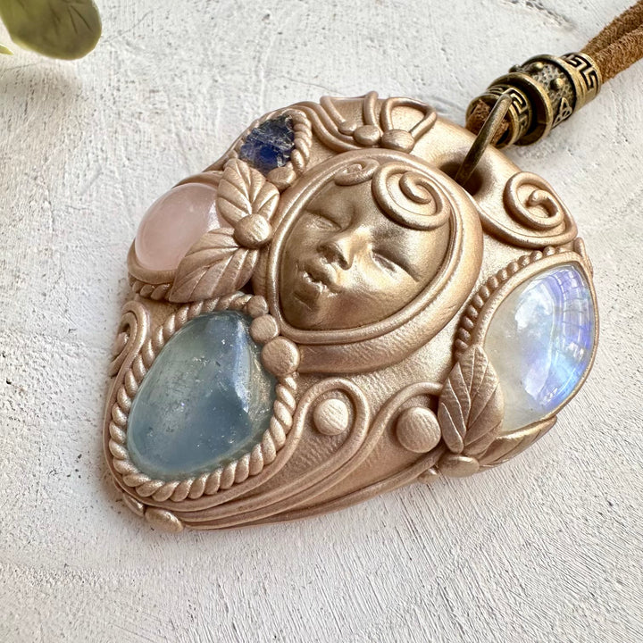 Energy pendant goddess necklace with rainbow moonstone and tanzanite