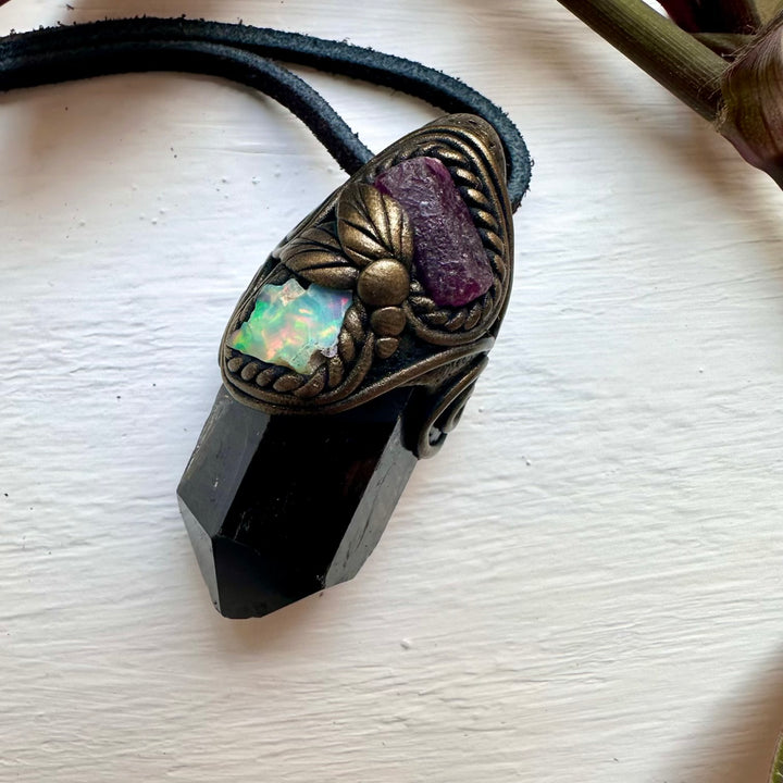 Smoky Quartz Ruby and Raw Opal Necklace - FairyGardenGlow