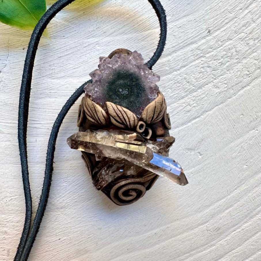 Smoky Quartz Cluster and Amethyst Stalactite Pendant Necklace, Handmade Clay Pendant FairyGardenGlow