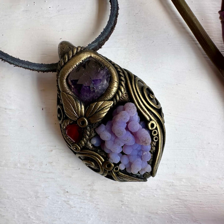 Grape Chalcedony Amethyst and Red Garnet Pendant Necklace - FairyGardenGlow